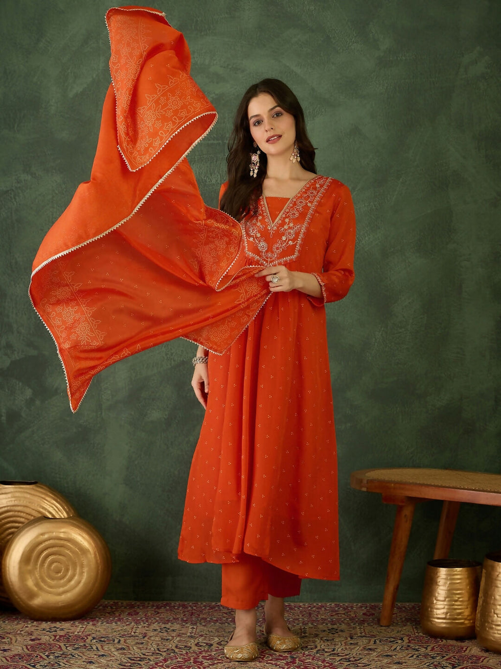 The52 Orange Women's Gorgeous Embroidered Chinon Fabric Flared Kurta Pant and Dupatta Set - Distacart