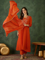 The52 Orange Women's Gorgeous Embroidered Chinon Fabric Flared Kurta Pant and Dupatta Set - Distacart
