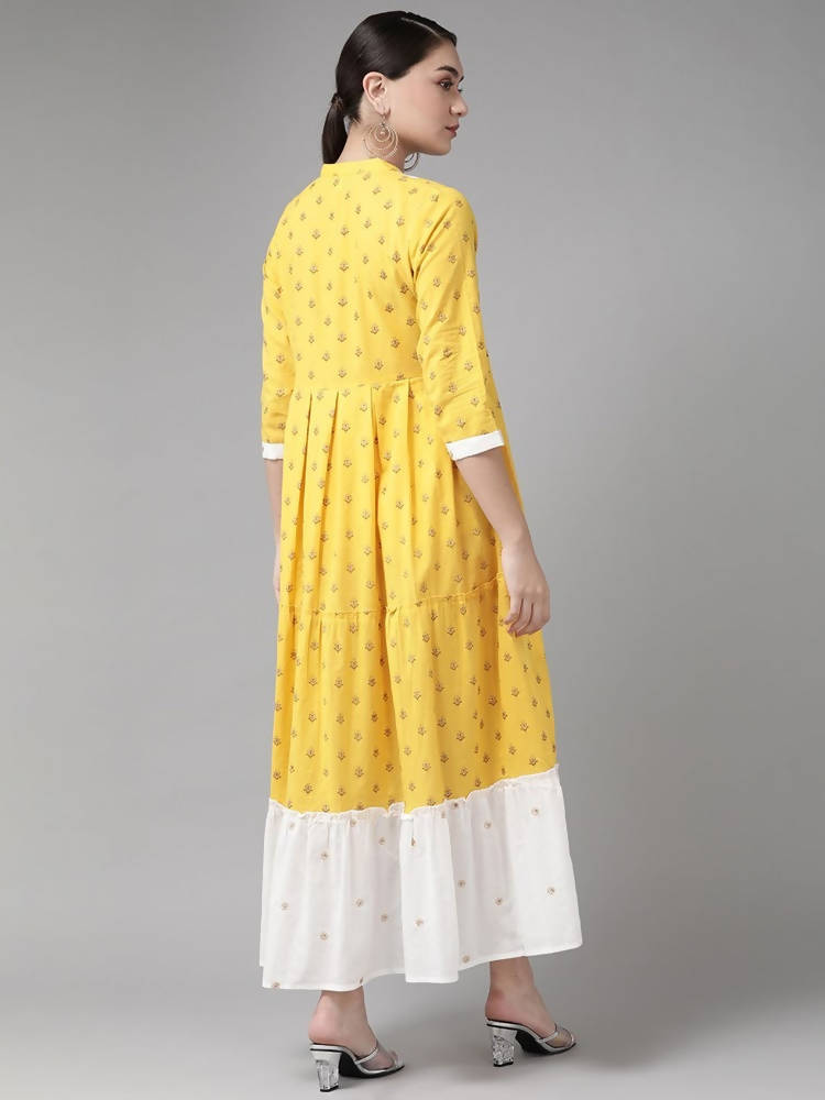 Yufta Women Yellow & White Cotton Embellished Ethnic Motifs Print Tiered Maxi Dress