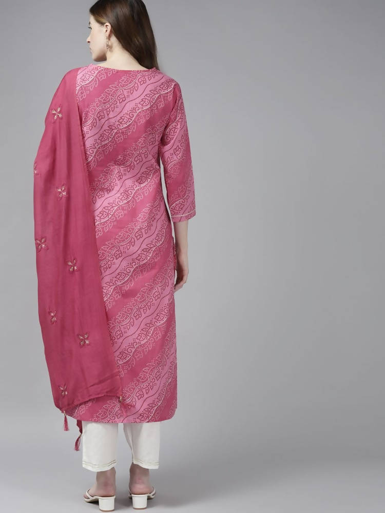 Yufta Women Pink Bandhani Yoke Design Pure Cotton Kurta with Palazzo and Dupatta