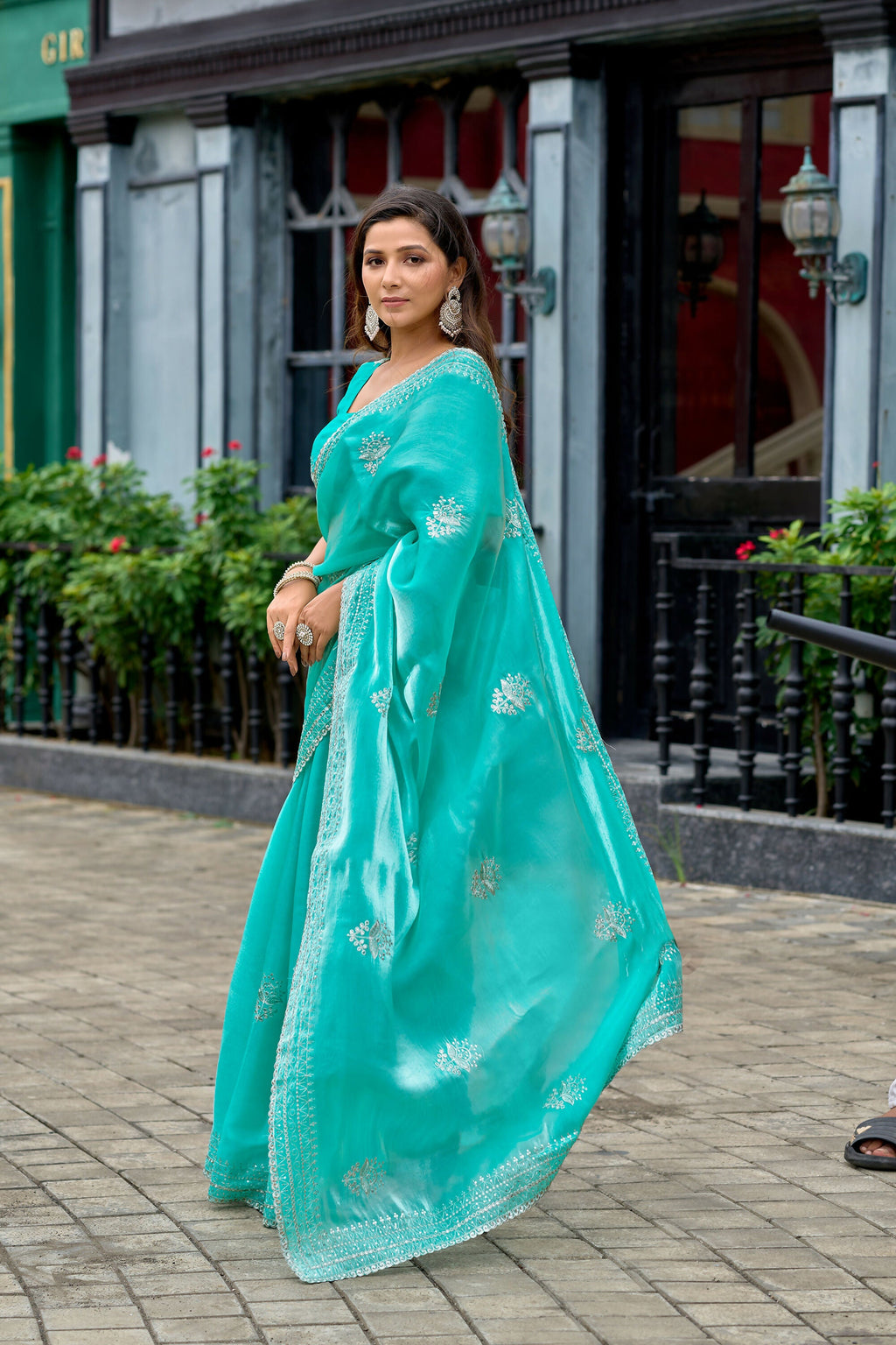 Vastranavya Turquoise Embroidery Work Shimmer Chiffon Saree with Unstitched Blouse - Distacart
