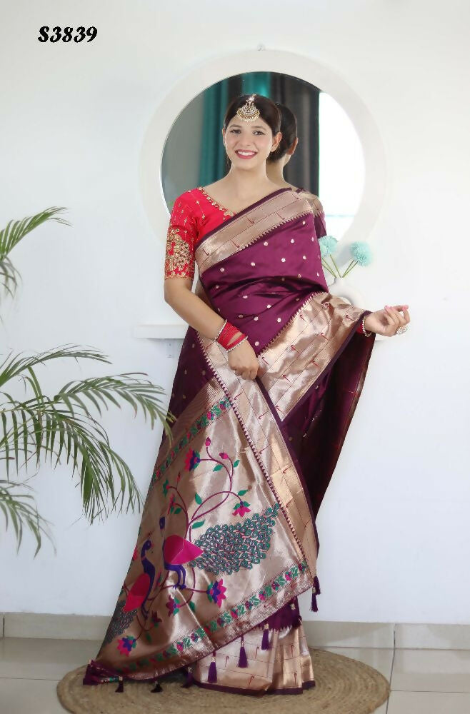 Wine Woven Jacquard Designer Embroidery Work Party Wear Saree - Parampara