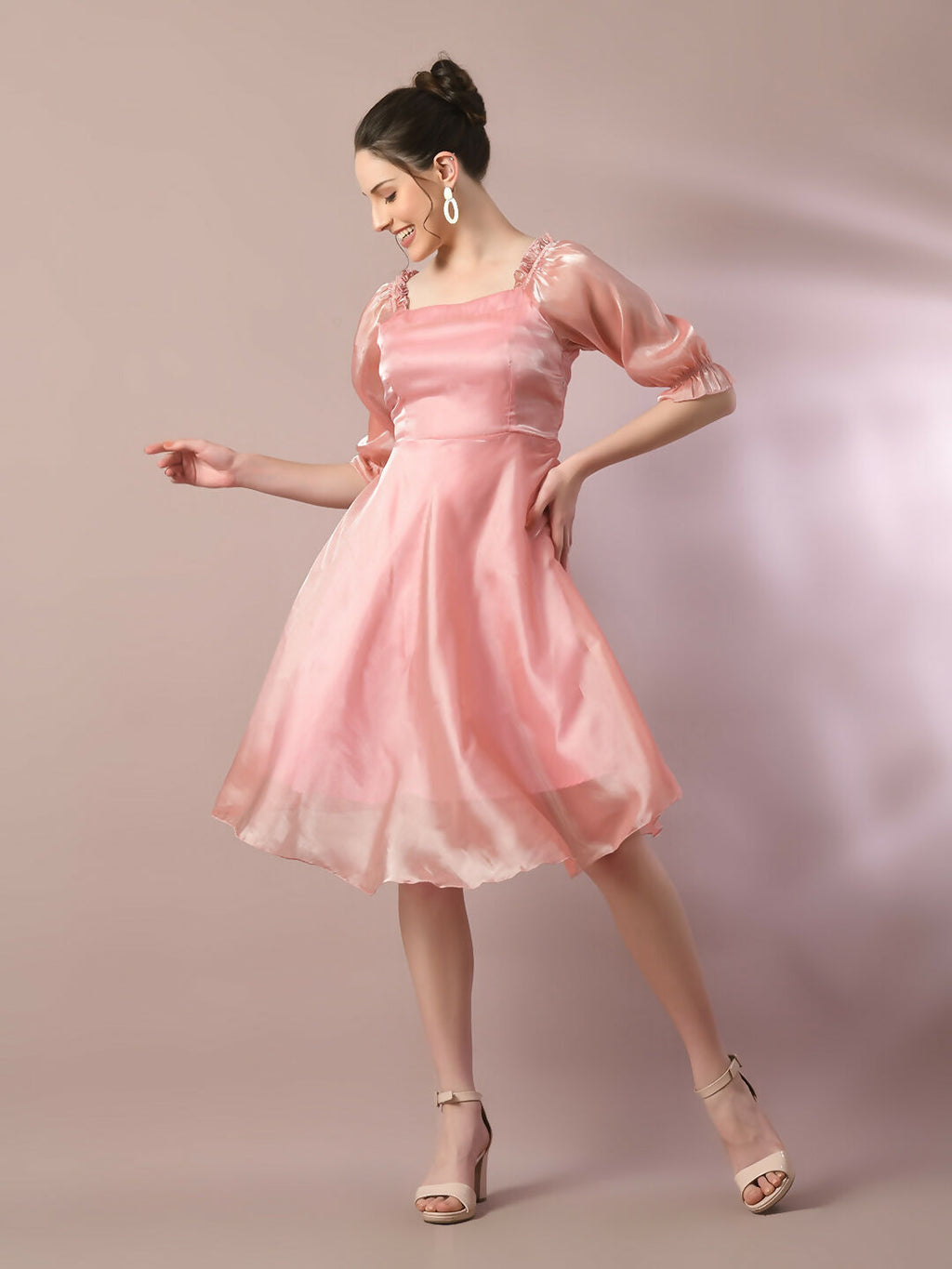 Myshka Women's Pink Solid Square Neck Fit and Flare Party Dress - Distacart