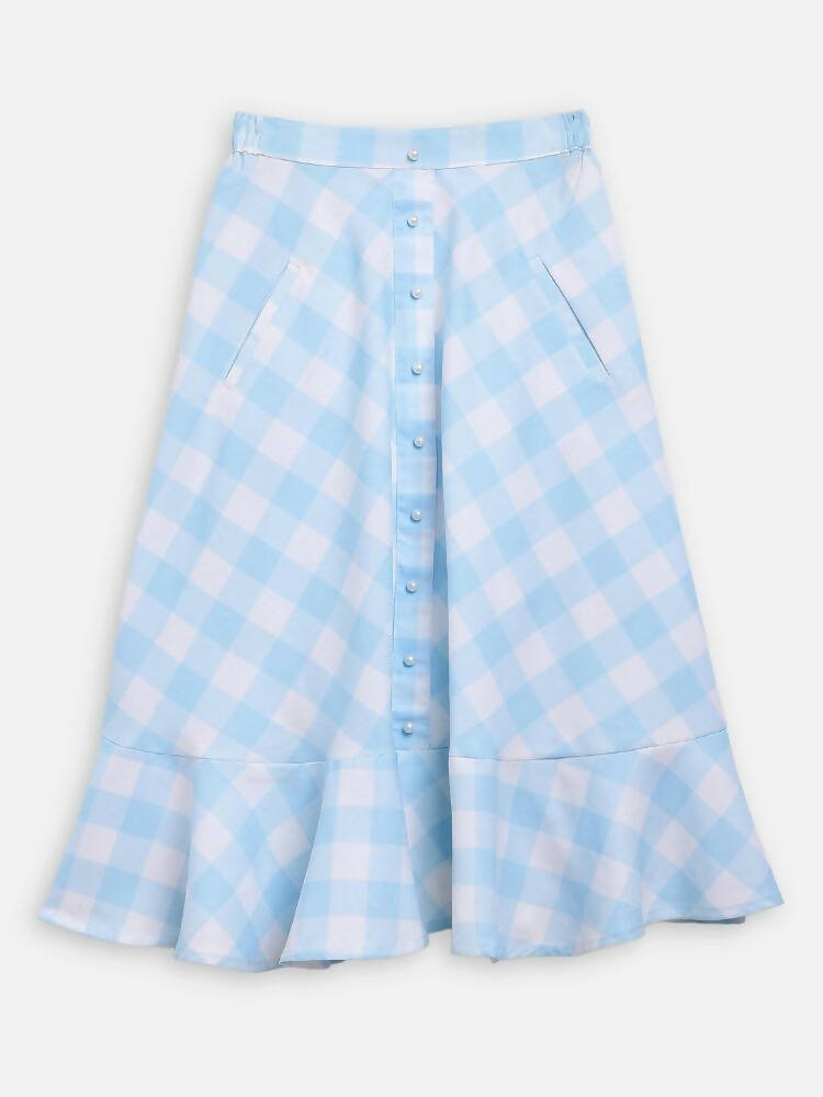 Ahalyaa Sky Blue Rayon Checked Kids Top With Skirts For Girls