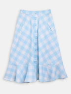 Ahalyaa Sky Blue Rayon Checked Kids Top With Skirts For Girls