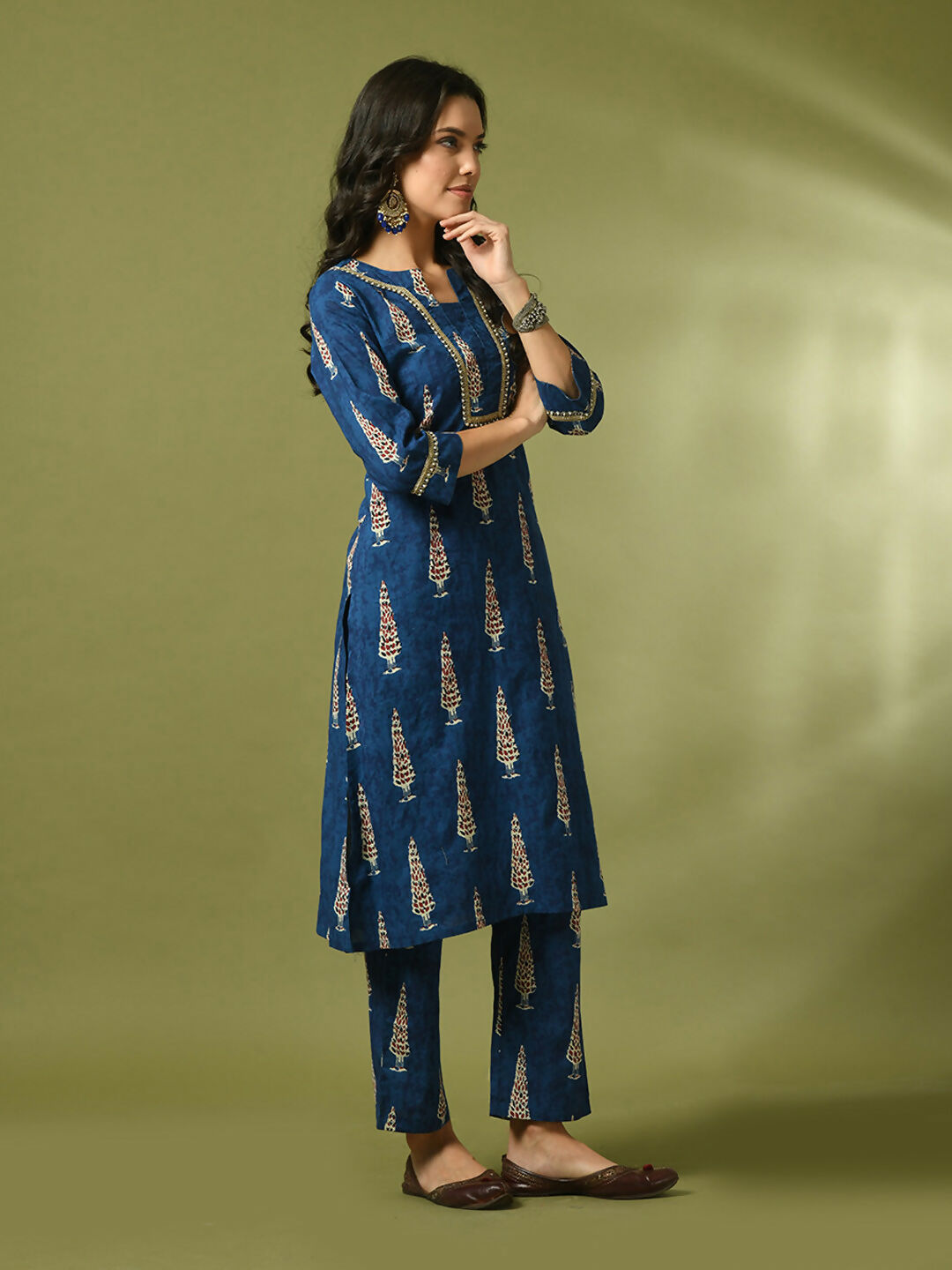 Myshka Women's Blue Printed Cotton Straight Party Kurta Set