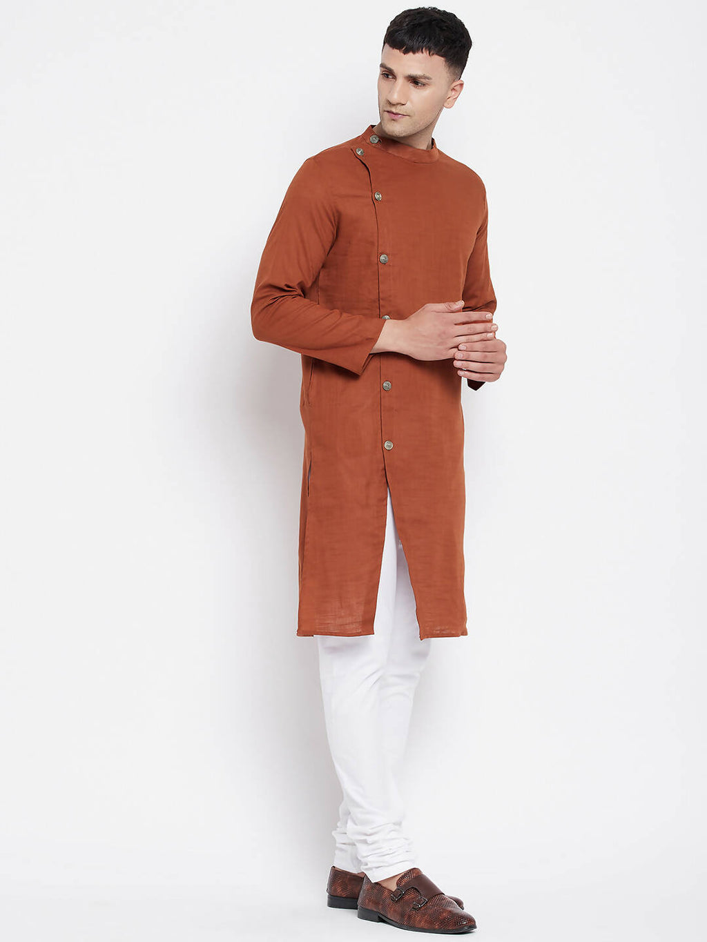 Even Apparels Brown Pure Cotton Men's Sherwani Kurta With Asymetrical Cut - Distacart