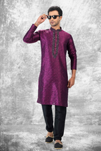 Raivat Ethnic Jacquard Silk Brocade Thread Work Kurta Pajama In Purple Colour