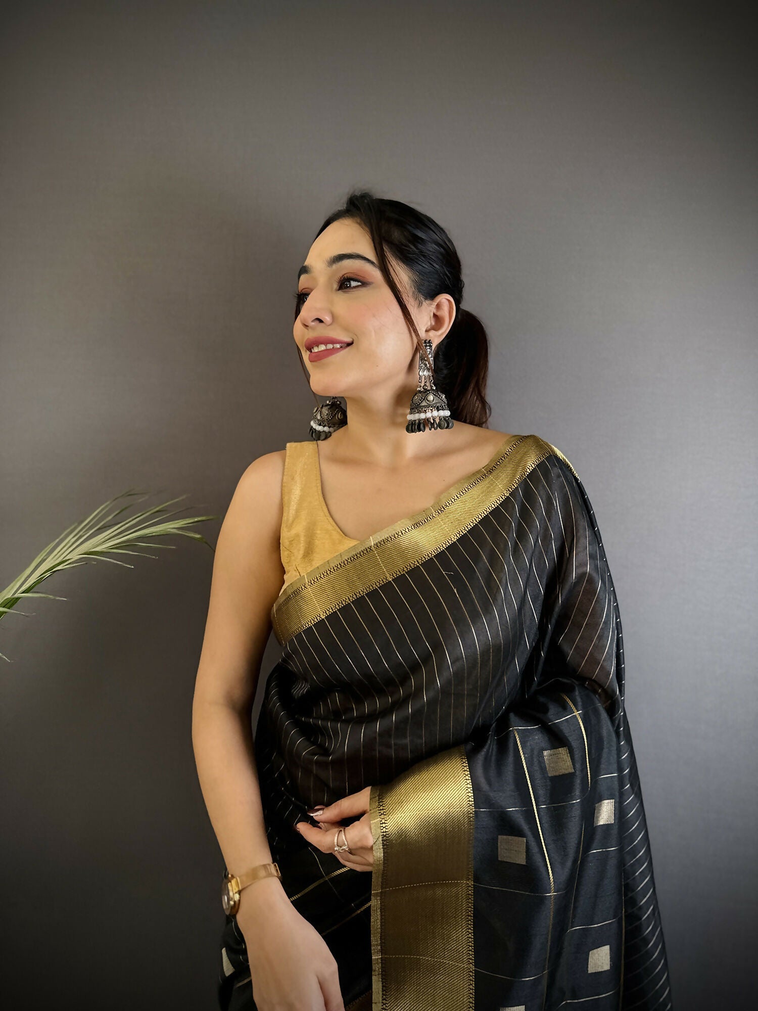 Joban Fashion Black Bhagalpuri Cotton Silk Stripes/Box Saree - Distacart