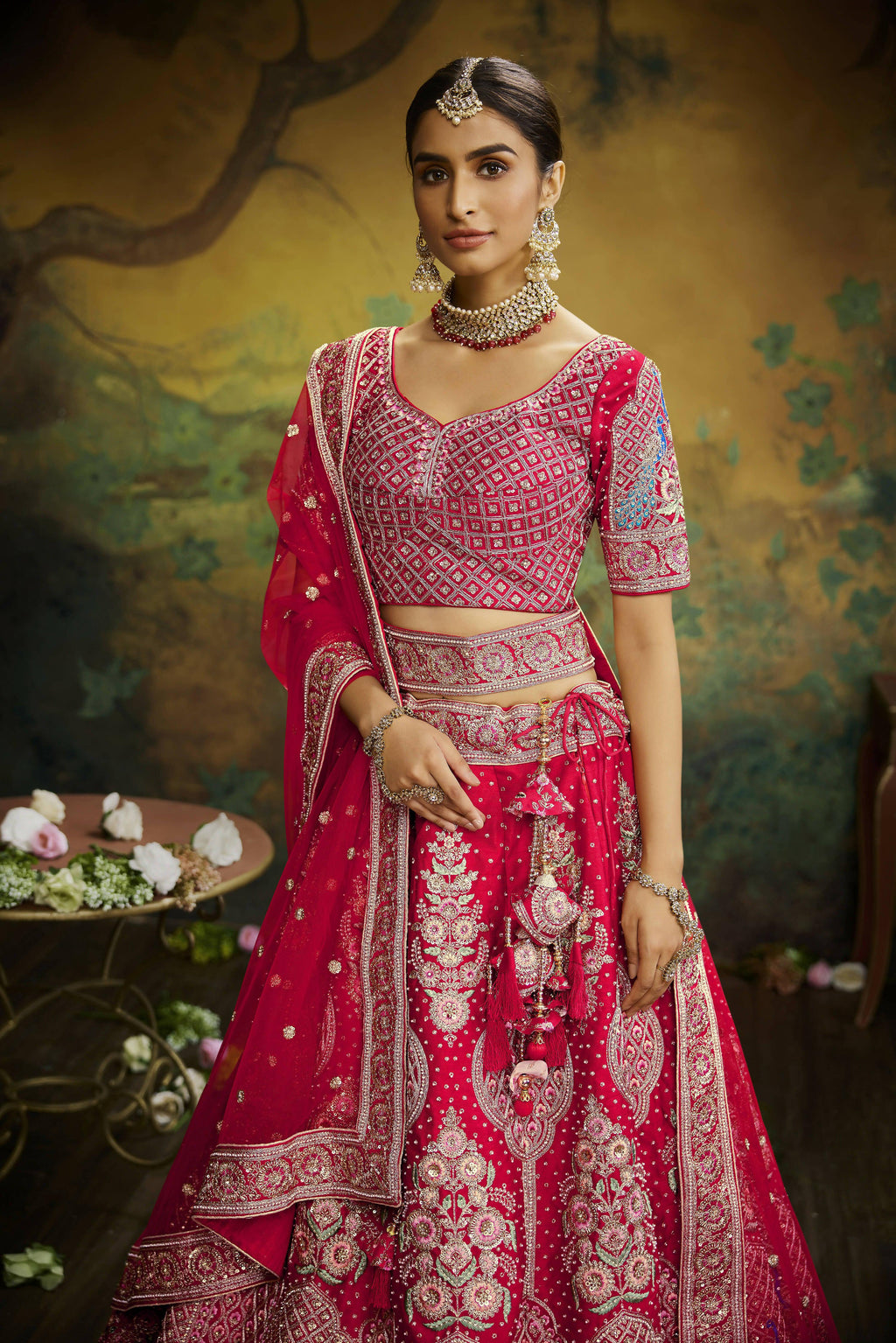 House of Panchhi Red Pure Silk Moti & Zarkan heavy embroidery Lehenga choli & Dupatta
