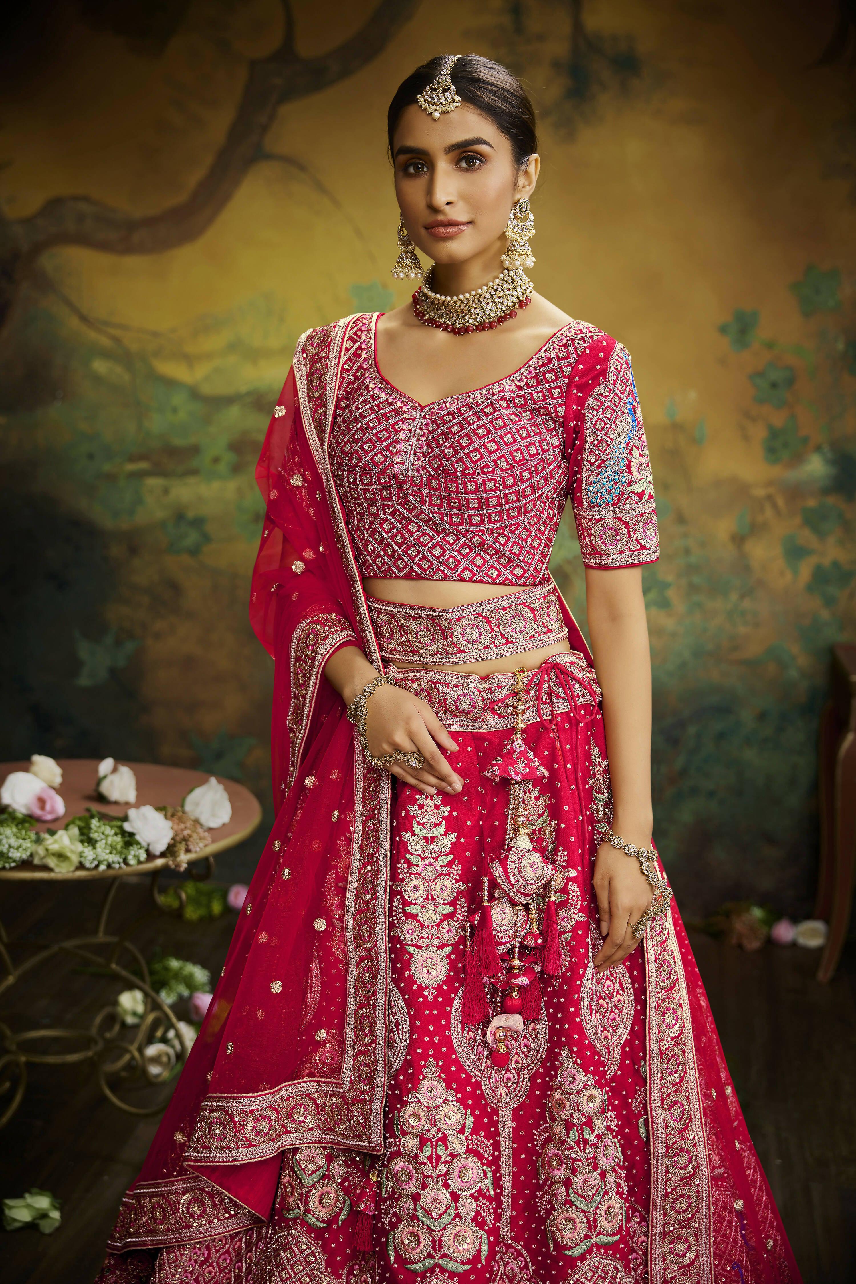House of Panchhi Red Pure Silk Moti & Zarkan heavy embroidery Lehenga choli & Dupatta