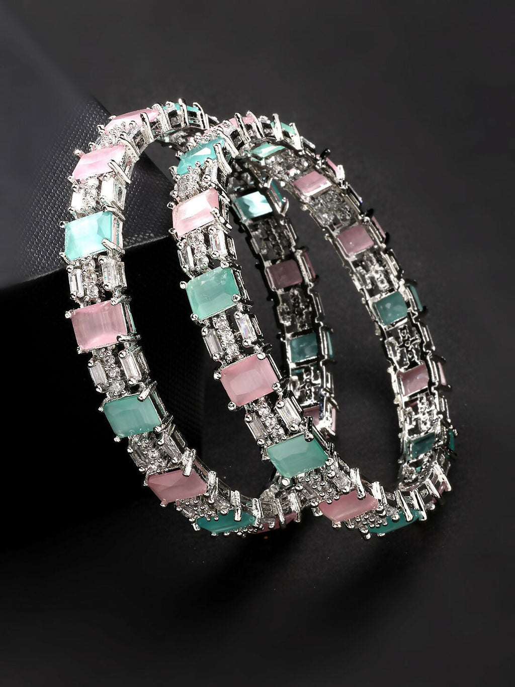 NVR Women's Set of 2 Multi-Coloured CZ Stone-Studded Handcrafted Bangles - Distacart