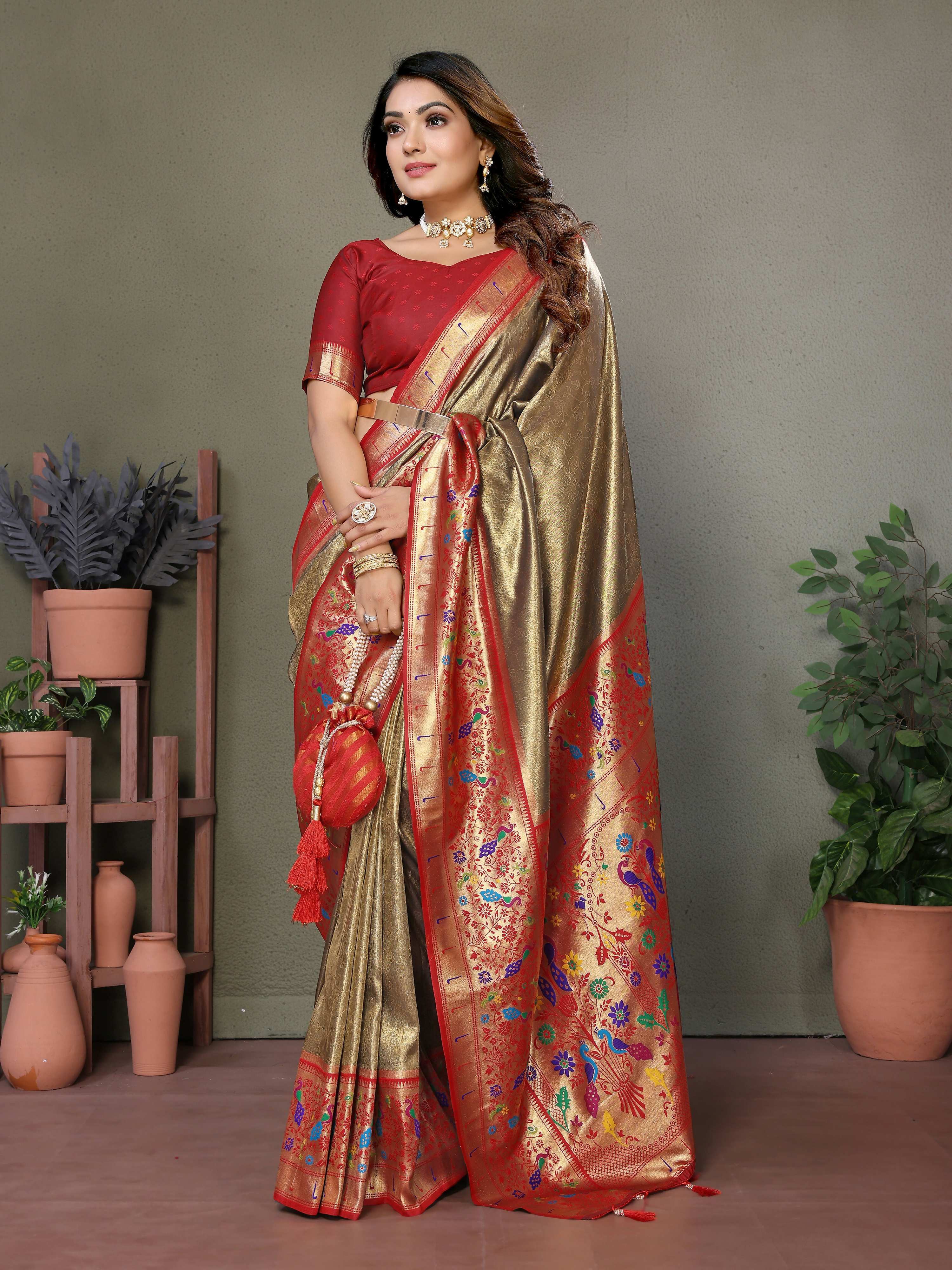 Aastha Fashion Gold Tissue Silk Paithani Woven Saree - Distacart