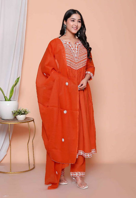 Miravan Womens Floral Embroidered Rust Straight Cotton Kurta & Palazzo With Dupatta Set