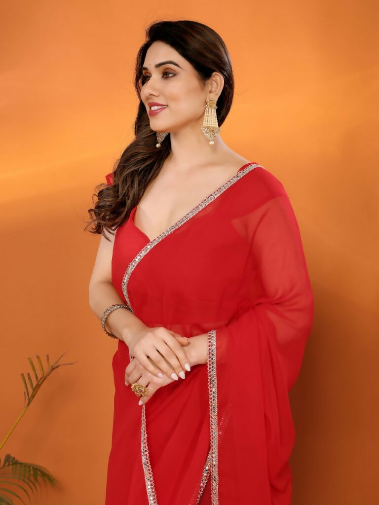 Designer Partywear Red Georgette Fancy Saree - Durga