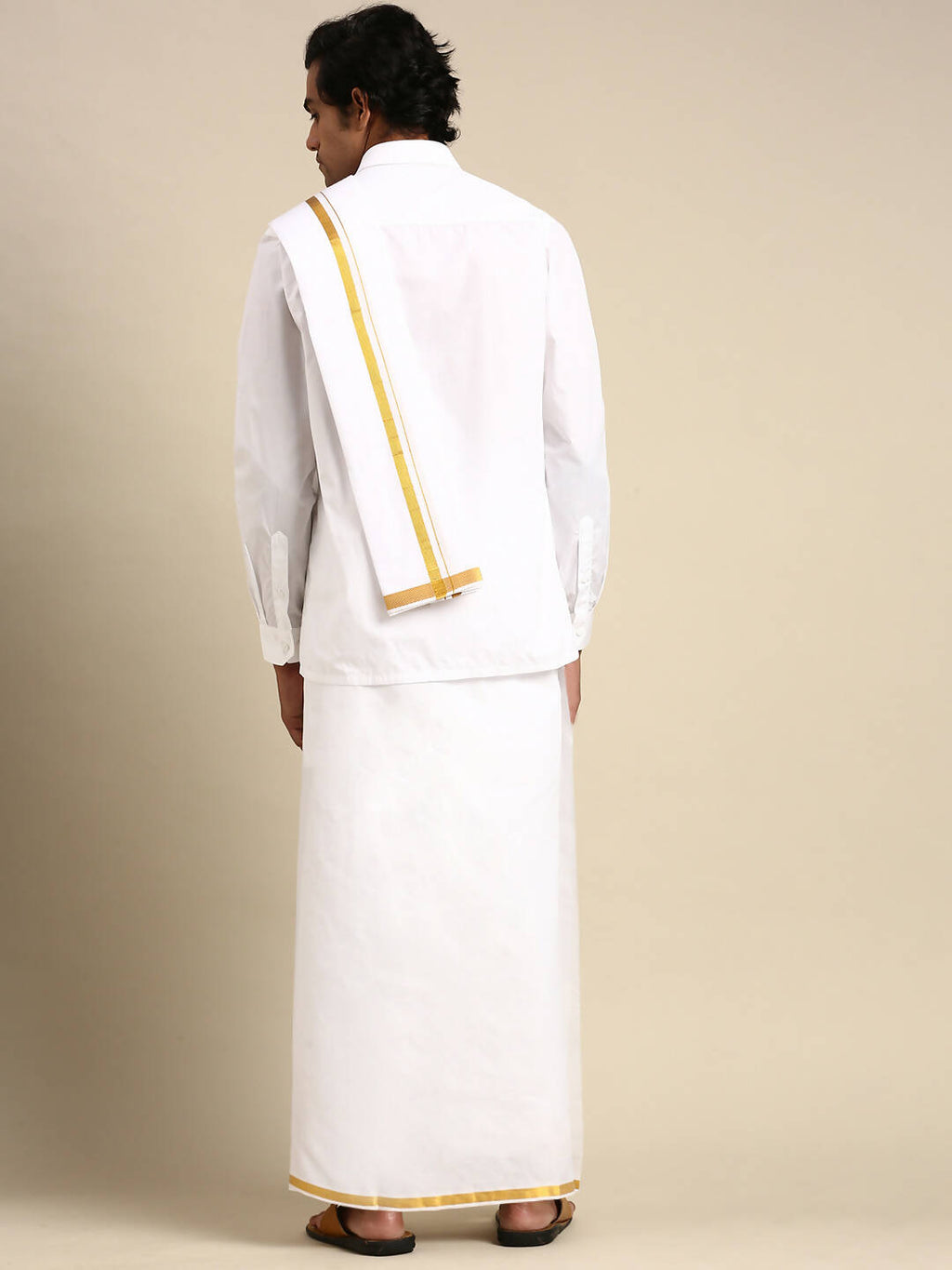 Ramraj Cotton Premium Wedding White Regular Dhoti, Shirt & Towel Set Arathi 1/2"
