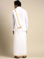 Ramraj Cotton Premium Wedding White Regular Dhoti, Shirt & Towel Set Arathi 1/2"