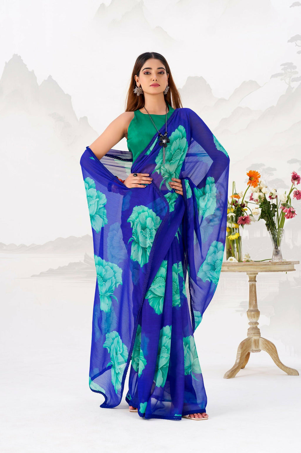 Vastranavya Royal Blue Floral Print with Lace Border work Chiffon Saree & Unstitched Blouse - Distacart