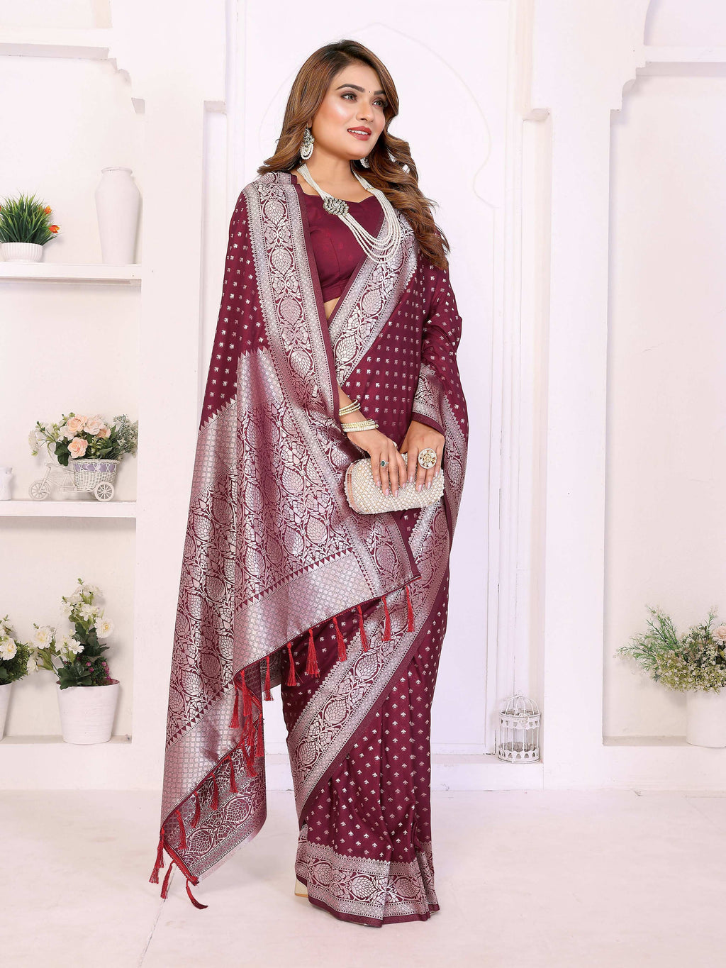 Aastha Fashion Wine Georgette Silk Zari Weaving Saree - Distacart