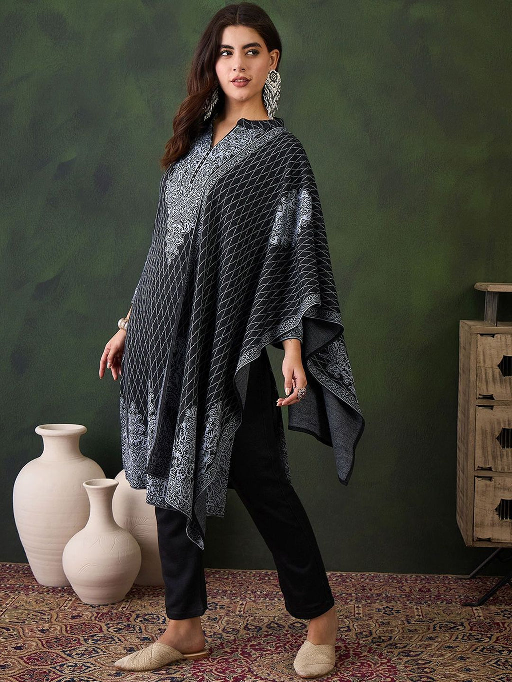 Sangria Ethnic Motifs Woven Design Mandarin Collar Straight Kurta With Trouser & Dupatta