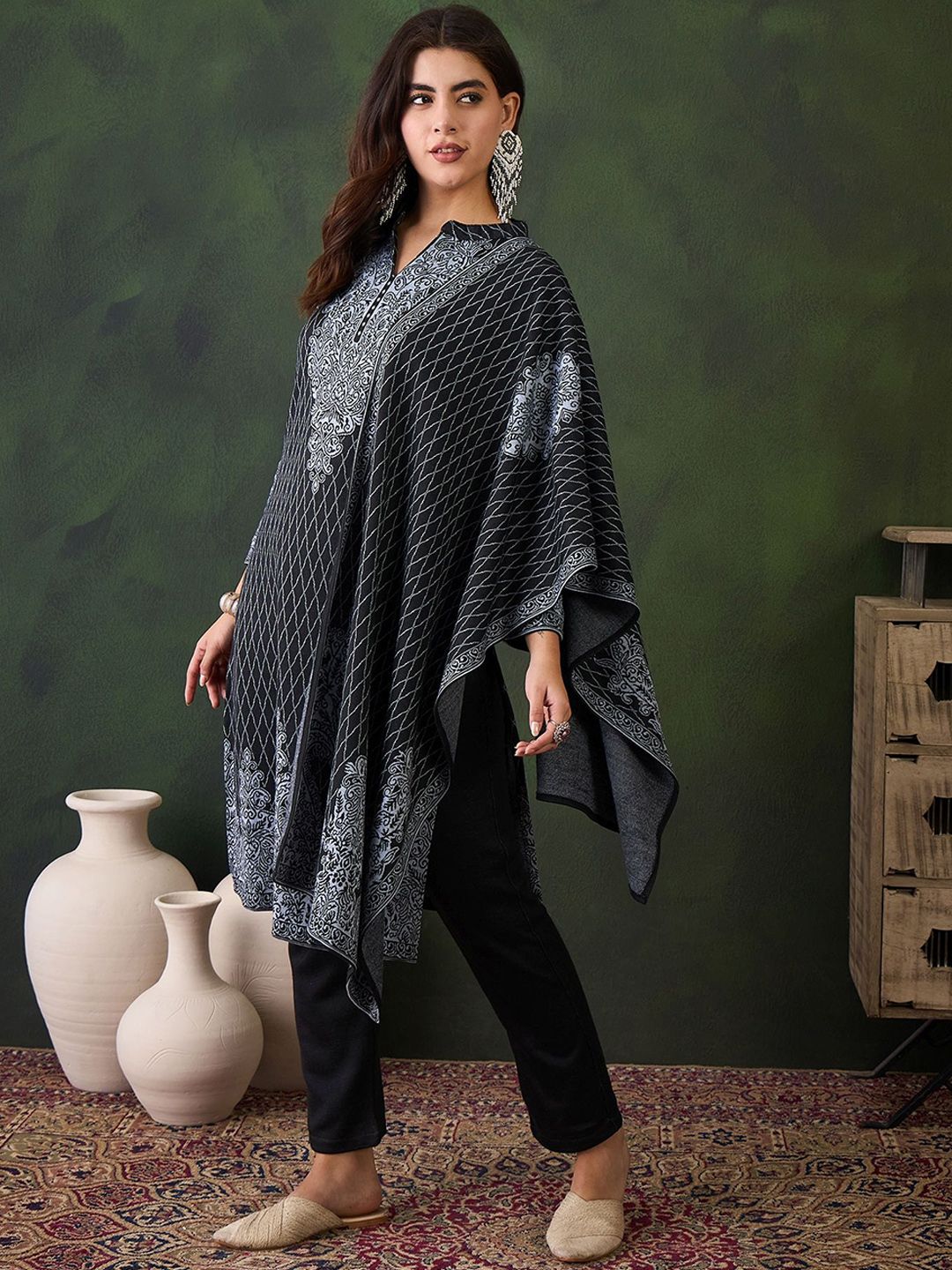 Sangria Ethnic Motifs Woven Design Mandarin Collar Straight Kurta With Trouser & Dupatta