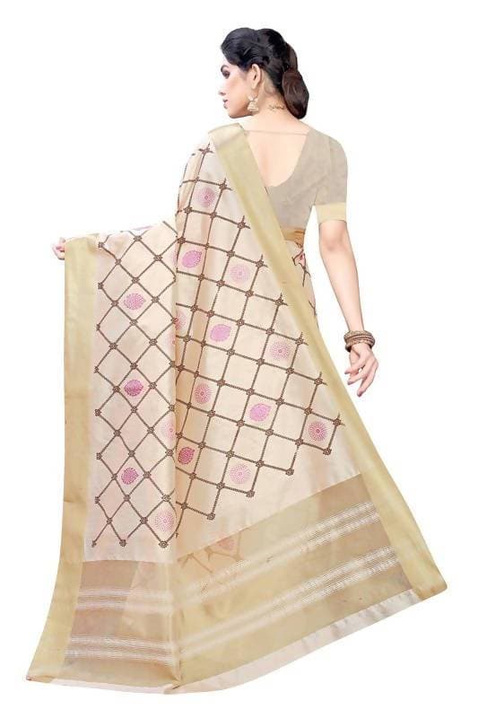 Vamika Weaving Cream Cotton Polyester Silk Saree (KERALA CHECKS)