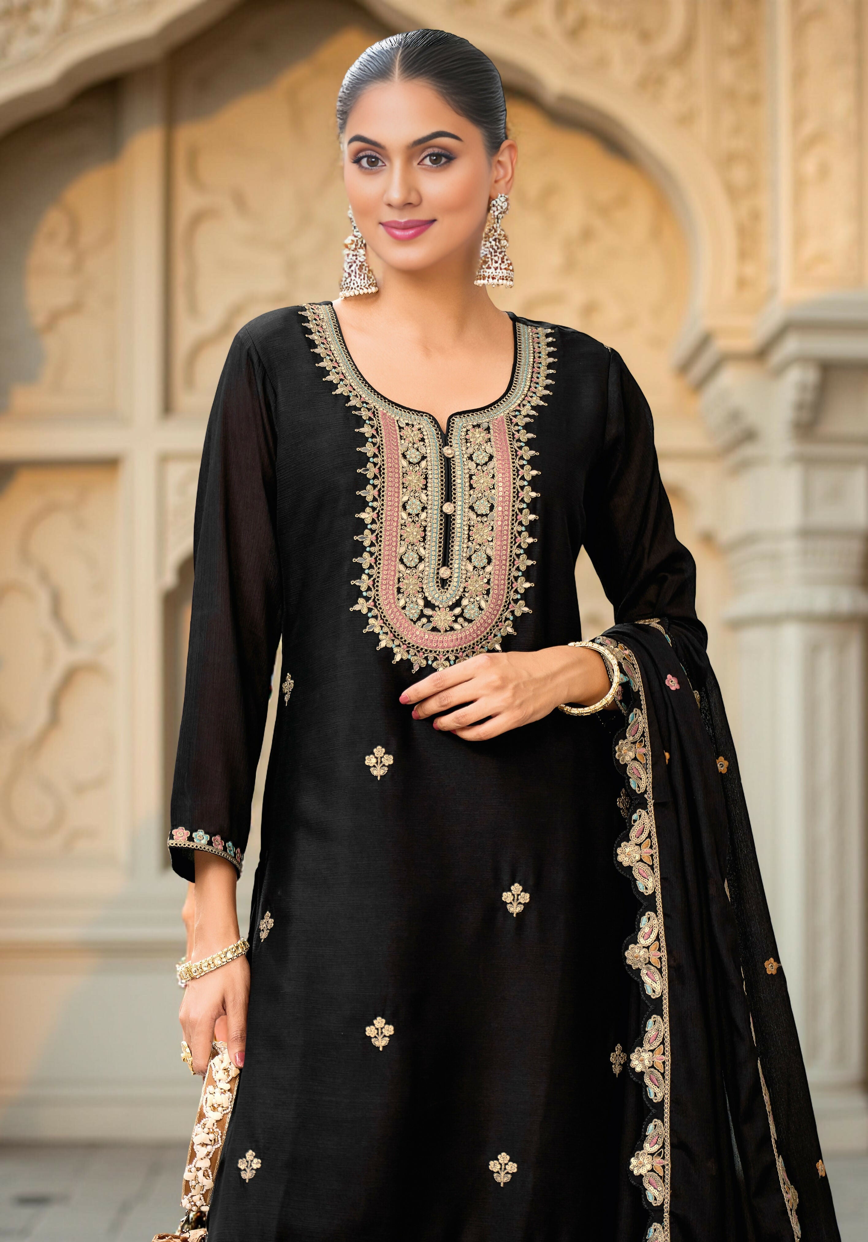Ethnic Festive Wear Black Primium Chinon Fabric Stitched Suit With Dupatta - Zeeya