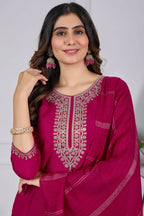 The52 Pink Women's Beautiful Embroidered Rayon Slub Fabric with Straight Kurta, Pant and Dupatta Set - Distacart