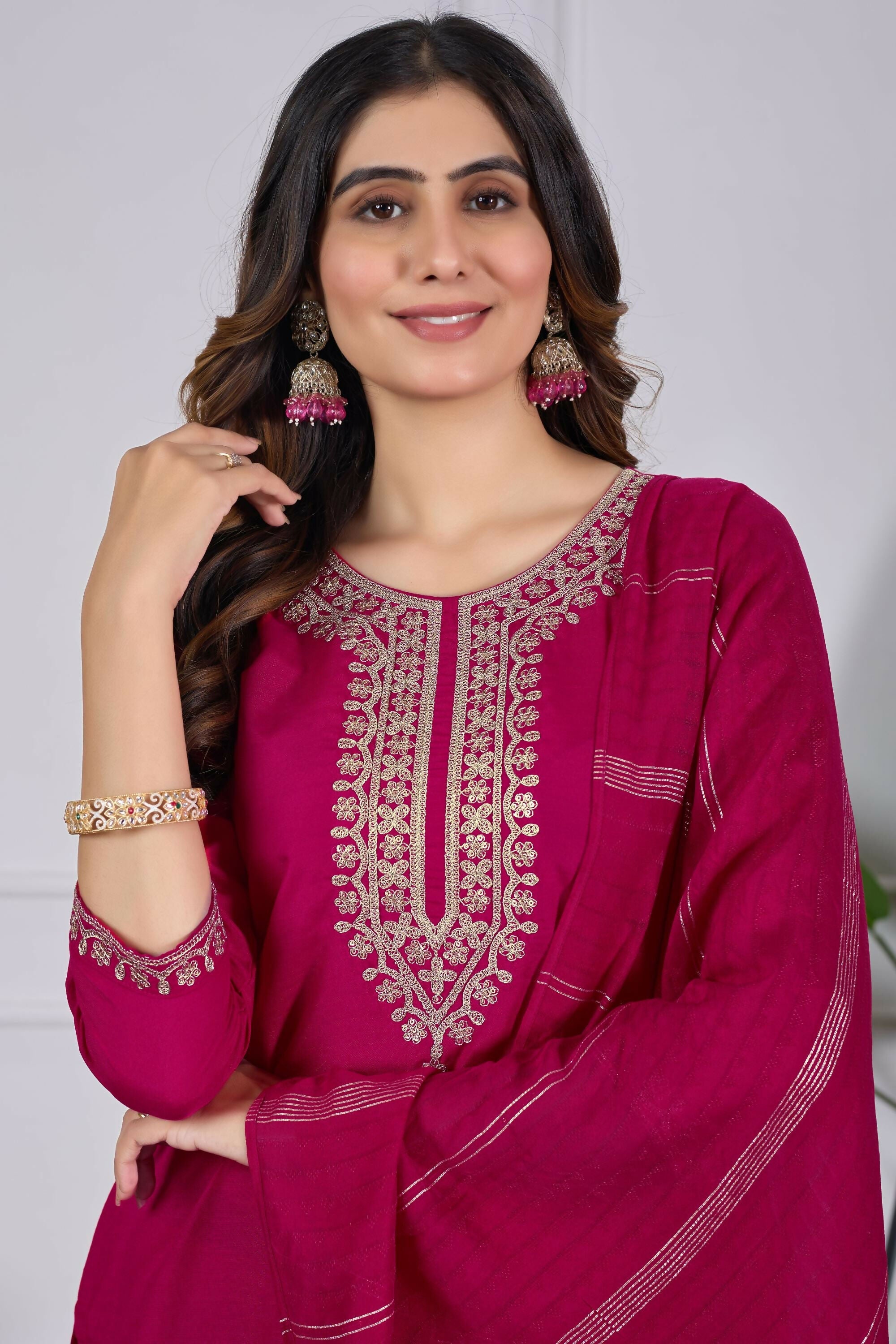 The52 Pink Women's Beautiful Embroidered Rayon Slub Fabric with Straight Kurta, Pant and Dupatta Set - Distacart