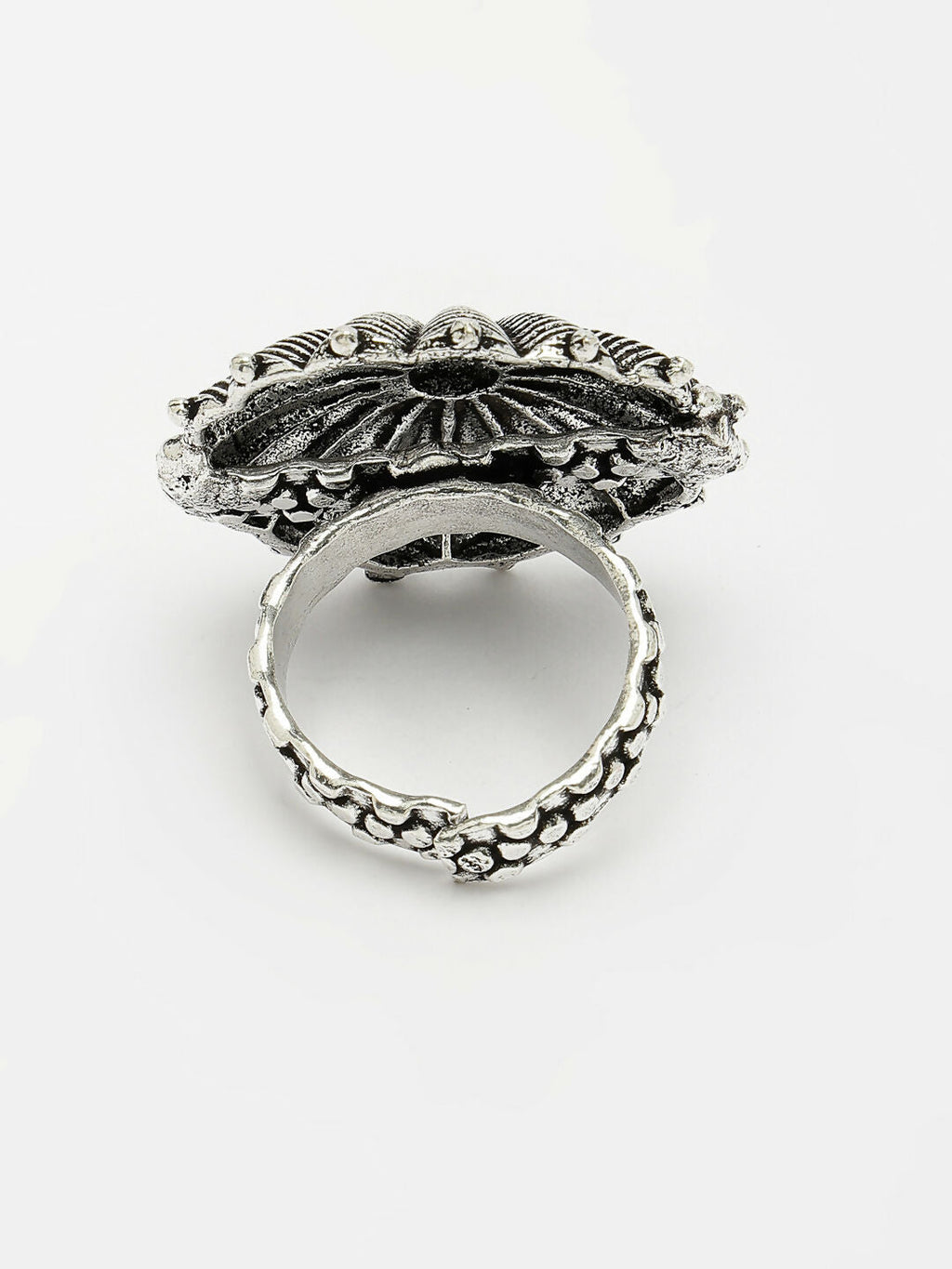 NVR Women's Silver-Toned Floral Shape Adjustable Finger Ring
