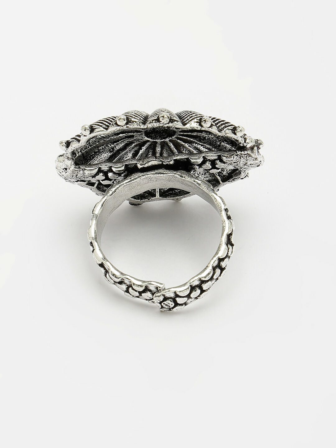 NVR Women's Silver-Toned Floral Shape Adjustable Finger Ring