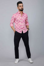 Miravan Men's Pink Print Comfort Cotton Festive Shirt