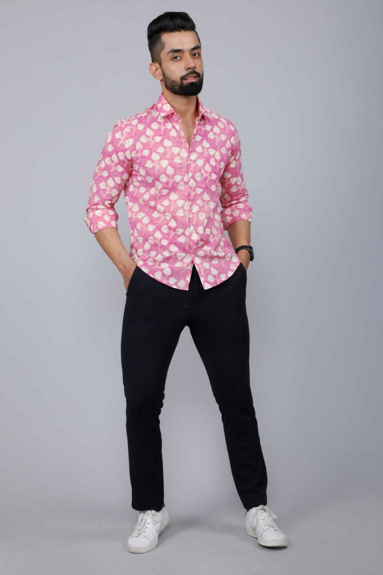 Miravan Men's Pink Print Comfort Cotton Festive Shirt