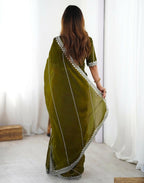 Joban Fashion Tissue Silk Olive Green Color Embroidery Saree - Distacart