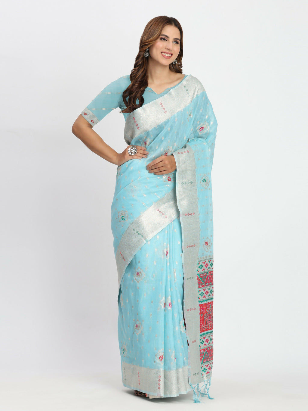 Shree Shyam Fashion Linen Cotton Sky Blue Saree - Distacart