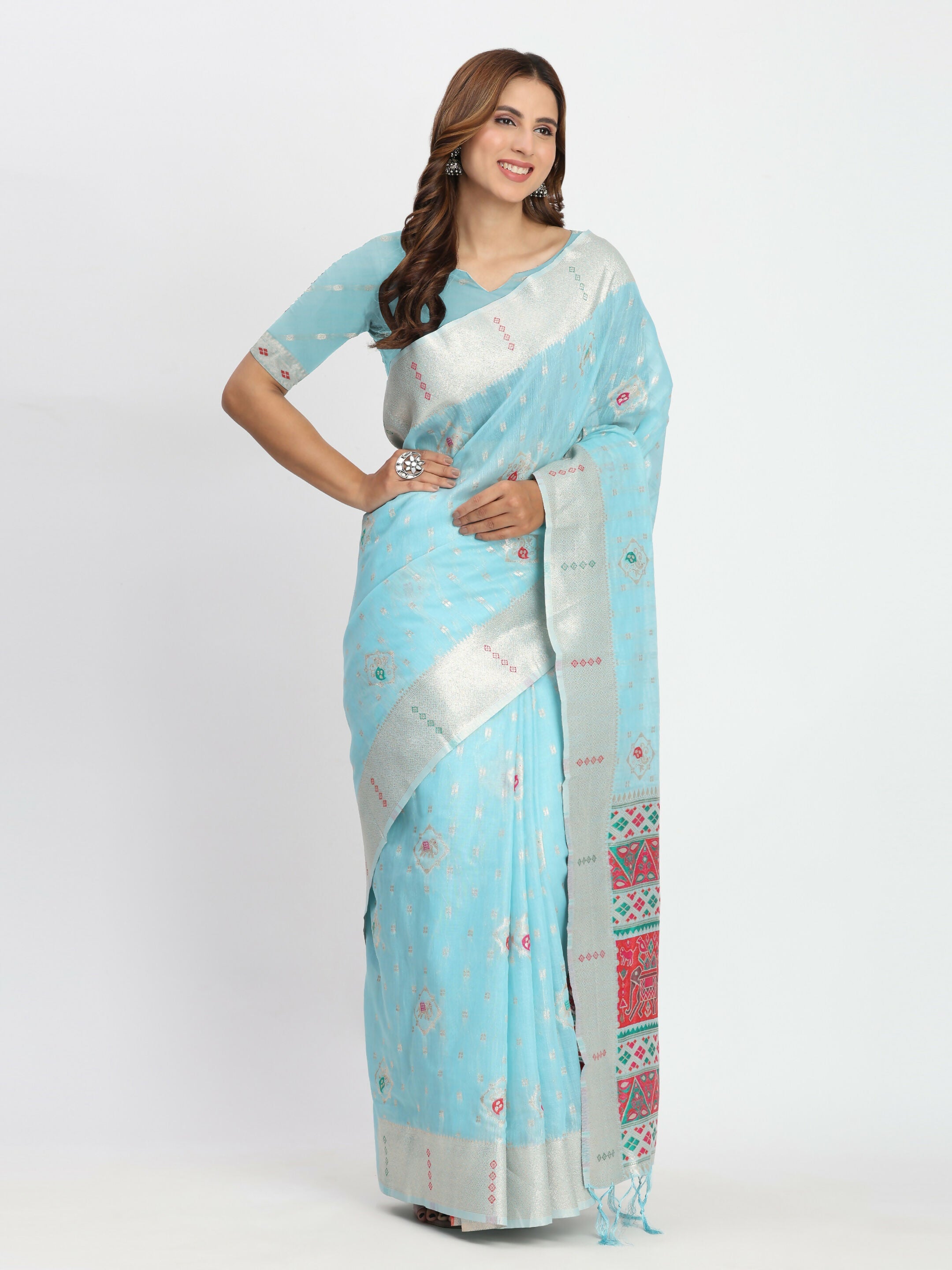 Shree Shyam Fashion Linen Cotton Sky Blue Saree - Distacart