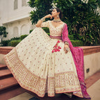 Cream Heavy Viscose Khatli, Embroidery & Mirror Work Unstitched Lehenga Choli - Sisha Keshav