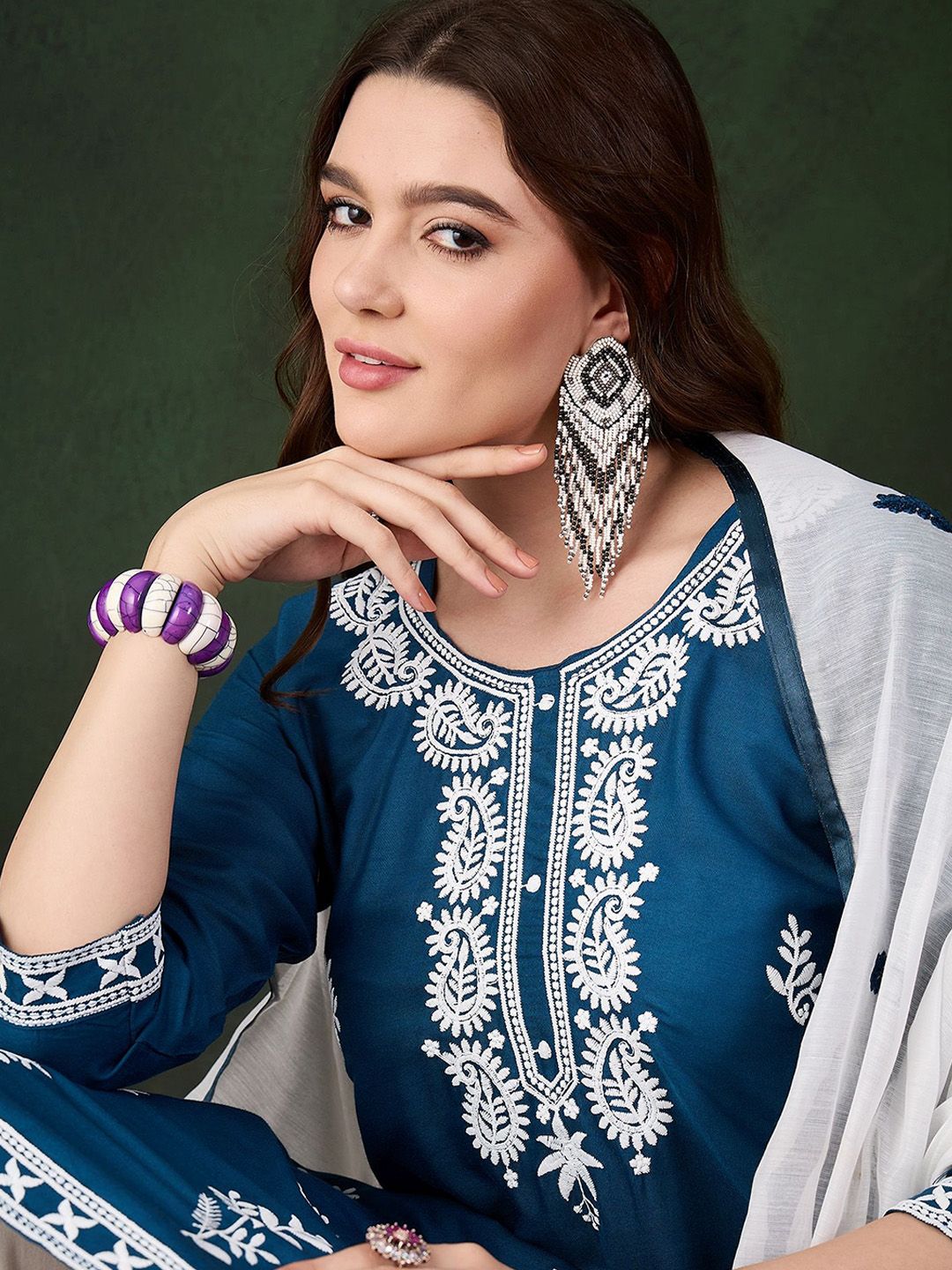 Sangria Teal Blue Paisley Embroidered Thread Work Straight Kurta & Trouser With Dupatta