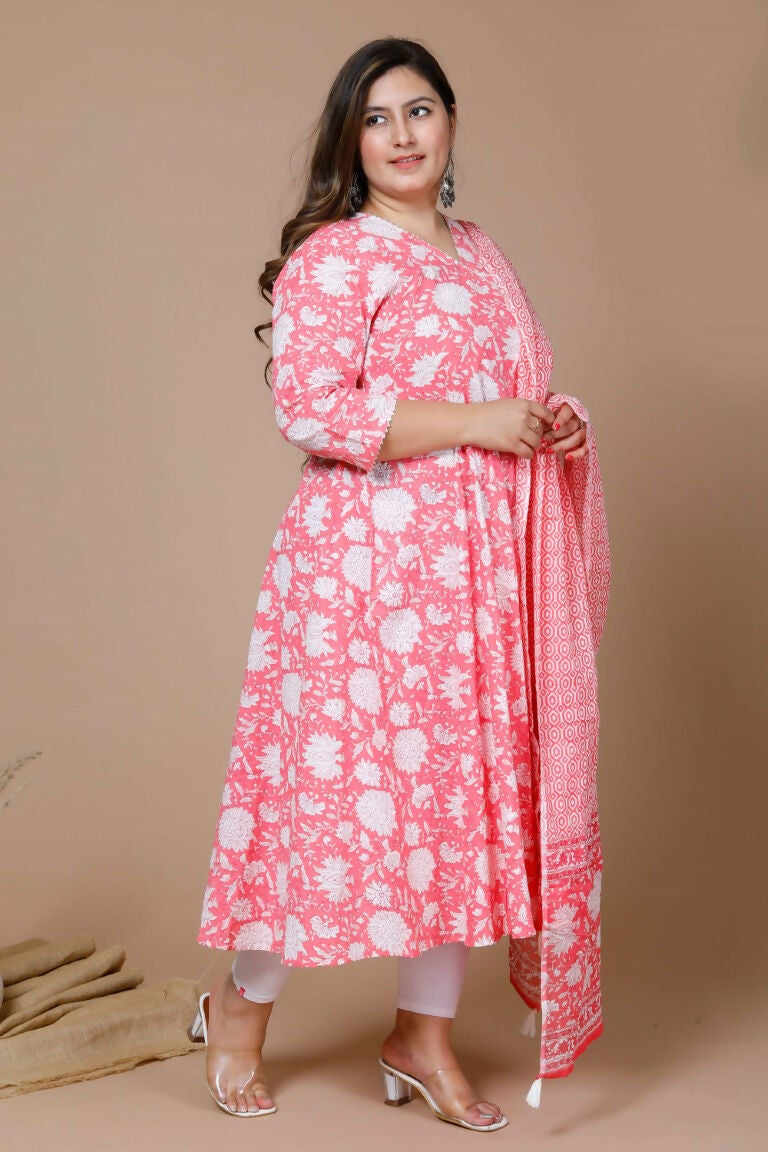 Miravan Women's Pink Plus Size Cotton Floral Print Anarkali Kurta With Dupatta