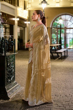 Vastranavya Beige Embroidery Work Shimmer Chiffon Saree with Unstitched Blouse - Distacart