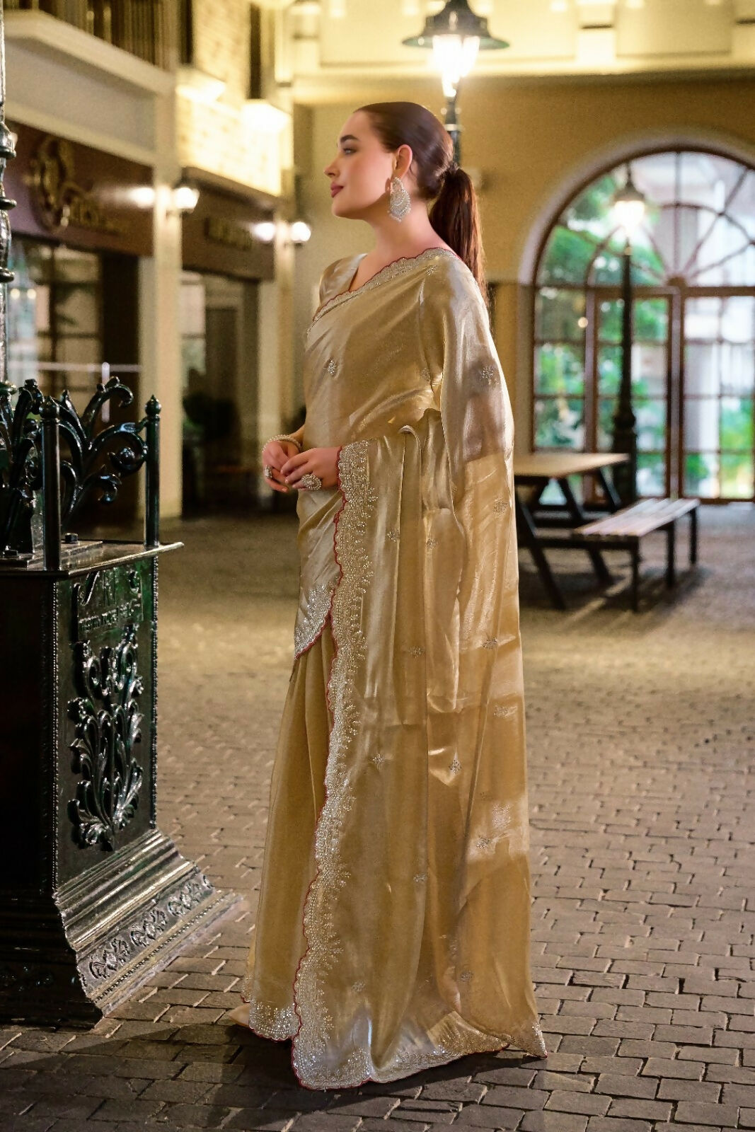 Vastranavya Beige Embroidery Work Shimmer Chiffon Saree with Unstitched Blouse - Distacart