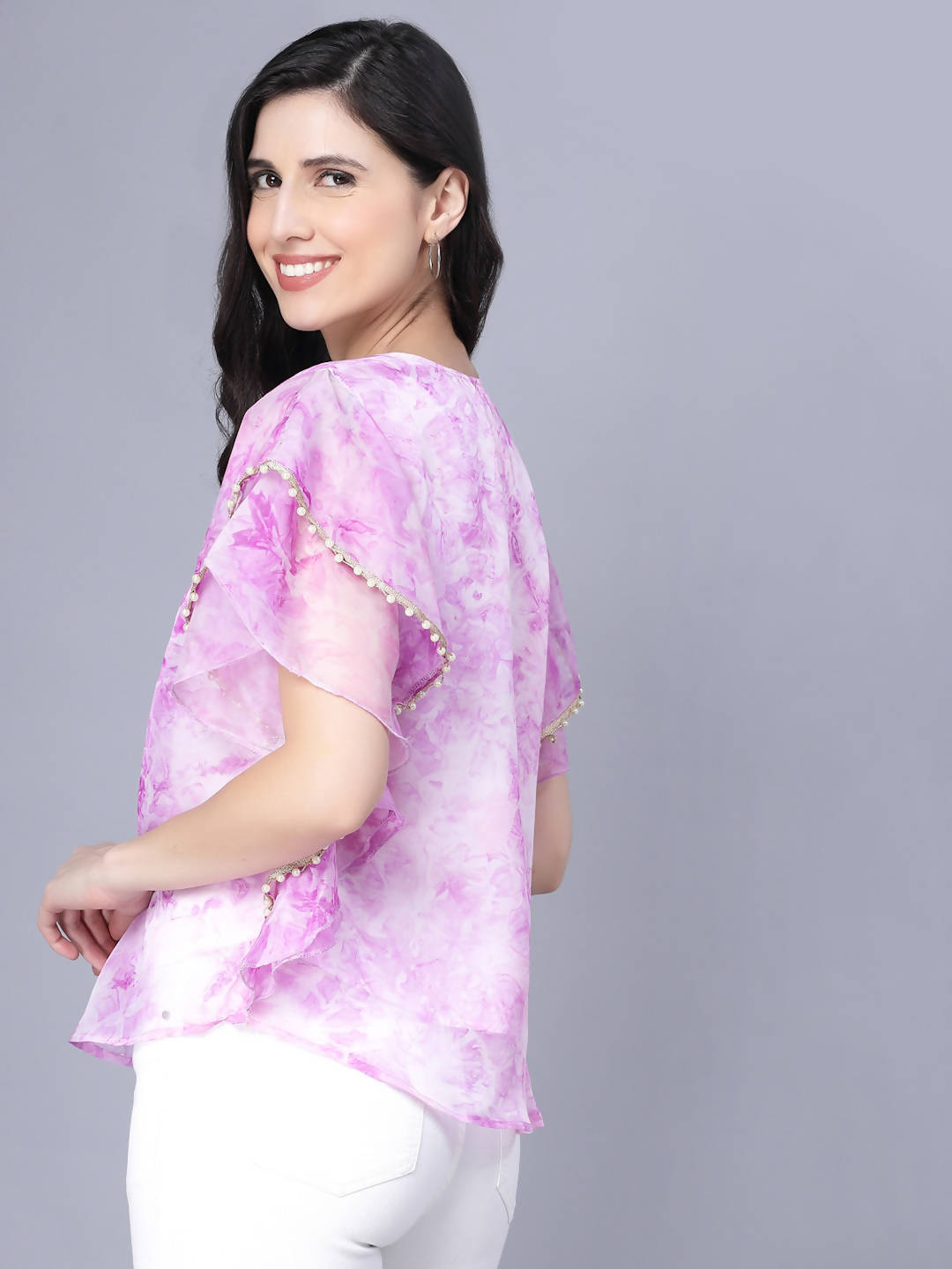 Myshka Organza Printed Short Sleeve Round Pink Women Top - Distacart
