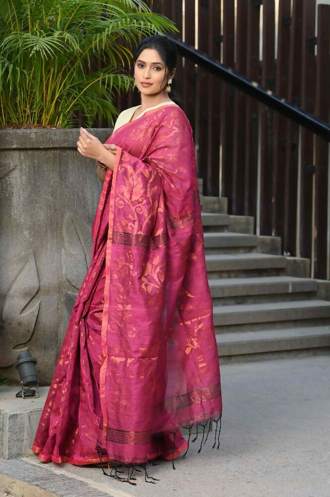 Beatitude Pink Cotton Floral Jamdani Saree