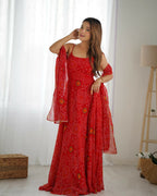 The52 Women's Beautiful Printed Chiffon Bandhej Fabric Flared Anarkali Pant and Dupatta Set - Distacart