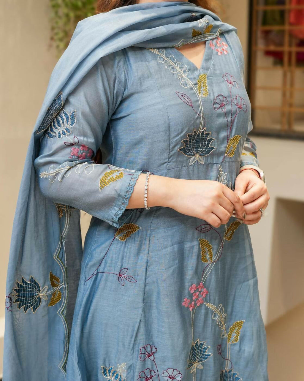 The52 Blue Women's Beautiful Cotton Fabric Thread Work Straight Kurta, Pant and Dupatta Set - Distacart