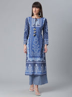 Ahalyaa Women Navy Blue Crepe Floral Print kurta With Palazzo