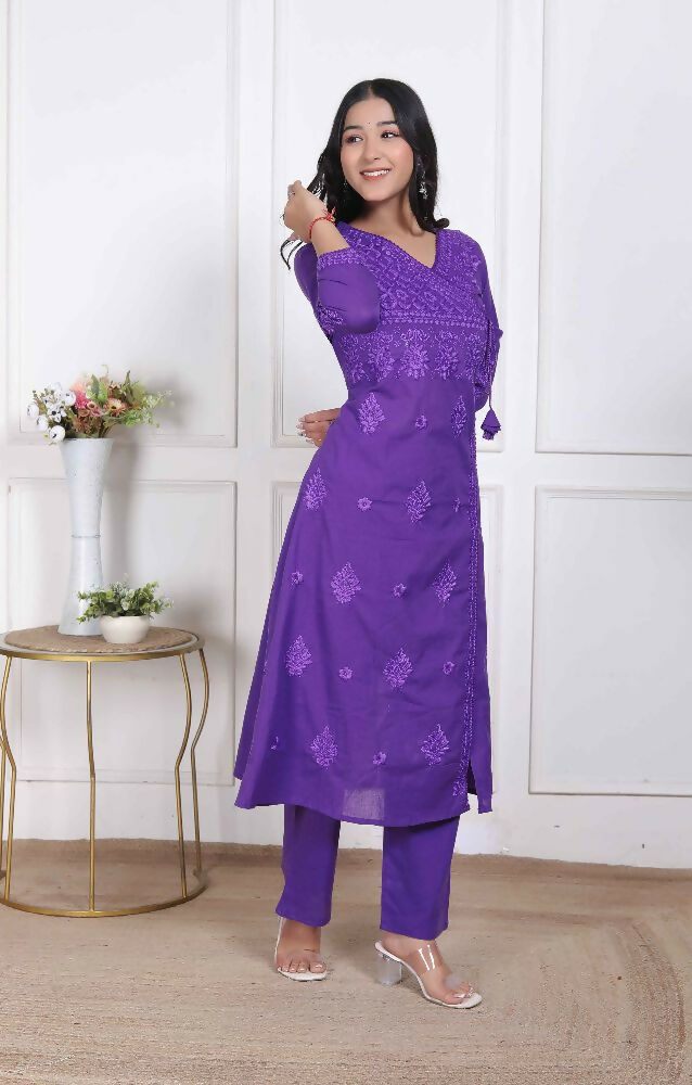 Miravan Womens Purple Floral Printed Angrakha Style Kurta With Palazzo - Distacart