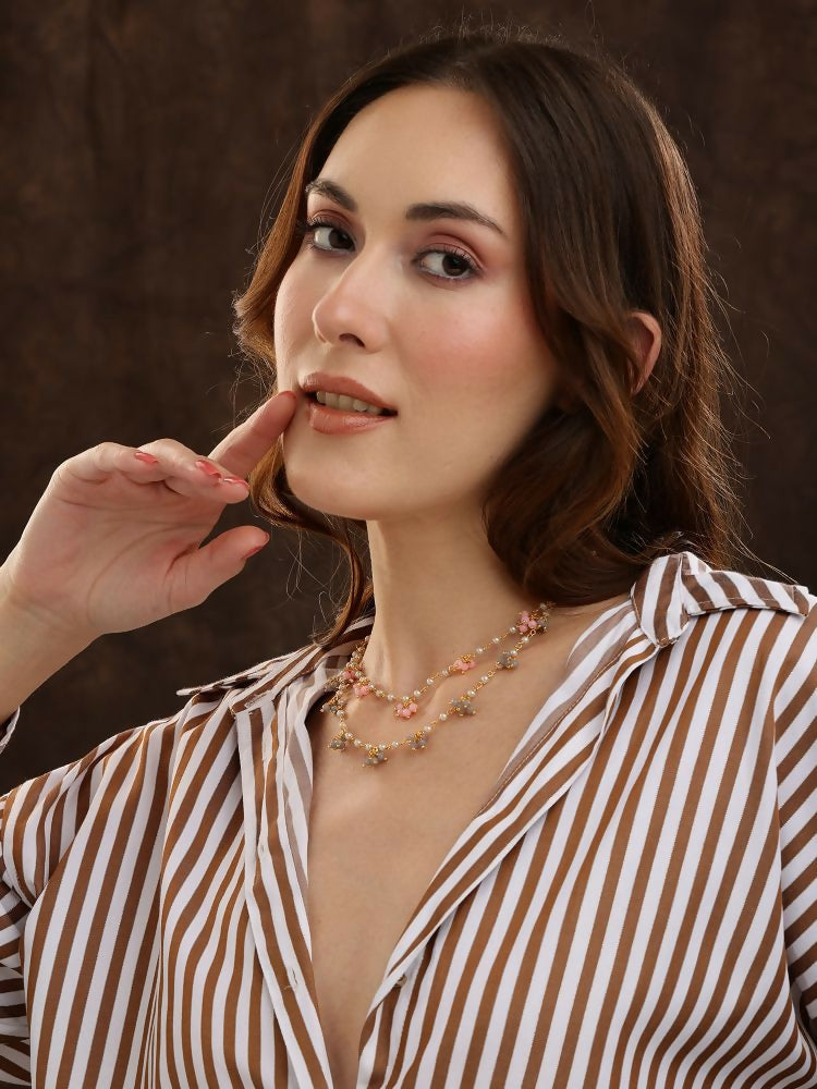 Beaded Pearl Necklace with Grey and Pink Colourful Motifs - Ruby Raang