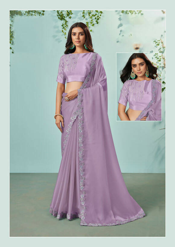 Purple Organza Silk Crepe Solid Saree With Unstitched Blouse Piece - Norita Ikshita