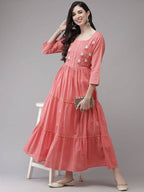 Yufta Coral Pink Embellished Embroidered Ethnic Dress